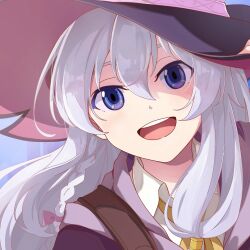 Rule 34 | 1girl, :d, blue background, blue eyes, braided sidelock, collared shirt, colored lineart, elaina (majo no tabitabi), grey hair, hair between eyes, happy, hat, highres, leaning to the side, long hair, looking ahead, low-tied sidelocks, majo no tabitabi, neck ribbon, open mouth, pink hat, portrait, purple hat, ribbon, shirt, sidelocks, smile, solo, teeth, upper teeth only, wing collar, witch hat, yellow ribbon, youzaiyouzai112