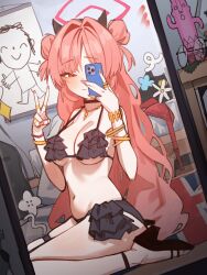 Rule 34 | 1girl, absurdres, bikini, black bikini, blue archive, bra, breasts, cellphone, closed mouth, doodle sensei (blue archive), fingernails, halo, haniwa (statue), high heels, highres, holding, holding phone, holypotato0, indoors, kirara (blue archive), large breasts, long fingernails, long hair, looking at viewer, mirror, navel, phone, pink eyes, pink hair, pink nails, red halo, reflection, selfie, sensei (blue archive), sitting, smartphone, smile, solo, stomach, swimsuit, underwear, unworn bra, v