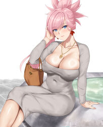 1girl bag blue_eyes breasts cleavage closed_mouth collarbone covered_navel dongtan_dress dress earrings fate/grand_order fate_(series) gold_necklace grey_dress handbag highres jewelry large_breasts looking_at_viewer meme_attire miyamoto_musashi_(fate) necklace pink_hair ponytail ring ryouya simple_background sitting solo white_background