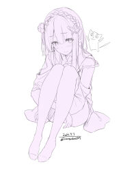 1girl back_bow bare_shoulders blunt_bangs bow braid butterfly_hair_ornament cat closed_mouth commentary_request crossed_arms crown_braid dated detached_sleeves dot_nose dress emilia_(re:zero) eyelashes eyes_visible_through_hair flower frilled_straps full_body hair_ears hair_flower hair_ornament hair_ribbon highres hugging_own_legs knees_up light_blush long_hair long_sleeves miniskirt monochrome pantyhose pointy_ears purple_theme re:zero_kara_hajimeru_isekai_seikatsu ribbon rose simple_background sitting skirt sleeveless sleeveless_dress smile solo straight_hair strap_slip twitter_username unasaka_ryou white_background