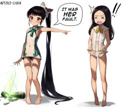 ! !! 2girls aged_down android arm_up barefoot black_hair black_panties blush bow breasts broken brown_eyes covered_navel dress english_text eve_(stellar_blade) feet forehead full_body hair_bow legs loli long_hair multiple_girls no_pants open_mouth outstretched_arm panties pointing pointing_at_another ponytail pout ribbon shirt short_dress sleeveless sleeveless_dress sleeveless_shirt small_breasts speech_bubble standing stellar_blade tachy_(stellar_blade) thighs toes underwear very_long_hair white_shirt x_x yoko-chan_(mijizukeyoko)
