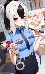 1girl absurdres armband black_choker black_hair black_skirt blue_archive blue_shirt blush breasts choker demon_horns doodle_sensei_(blue_archive) halo highres holding horns kayoko_(blue_archive) looking_at_viewer open_mouth police police_uniform poppo_myupunk98 red_eyes sensei_(blue_archive) shirt sidelocks skirt smile solo white_hair white_halo