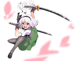 1girl black_gloves black_thighhighs blue_eyes bob_cut fingerless_gloves gloves highres holding holding_sword holding_weapon katana konpaku_youmu mengnaidu sheath short_hair solo sword thighhighs touhou unsheathed weapon white_background white_hair