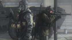 1boy 1other acog aiming ambiguous_gender ammunition_pouch armored_personnel_carrier armored_vehicle assault_rifle back-to-back black_facial_hair black_gloves black_vest blurry bulletproof_vest call_of_duty call_of_duty_4 camouflage camouflage_jacket chest_rig commentary depth_of_field dragunov_svd english_commentary facial_hair folding_stock from_side fur_hat garage gas_mask gloves green_jacket green_pants grenade_launcher grey_headwear grey_shirt gun h&amp;k_usp hammer_and_sickle handgun hat hat_ornament headset heckler_&amp;_koch highres holding holding_gun holding_weapon hood hood_down hooded_jacket jacket kaymanovite m203 m4_carbine magazine_(weapon) mask military military_hat military_jacket military_vehicle motor_vehicle nose optical_sight pants personal_defense_weapon pouch profile realistic red_star rifle scope shirt sig_sauer sig_sg550 sniper_rifle sr-2_veresk star_(symbol) star_hat_ornament submachine_gun ultranationalist underbarrel_grenade_launcher upper_body urban_camouflage ushanka vertical_foregrip vest weapon weapon_on_back wreath