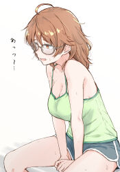 1girl ahoge araki_hina arms_between_legs bare_legs breasts brown-framed_eyewear brown_hair camisole cleavage collarbone dolphin_shorts feet_out_of_frame glasses green_camisole grey_shorts highres hot idolmaster idolmaster_cinderella_girls large_breasts looking_ahead medium_hair short_shorts shorts simple_background sitting solo sweat unu_(unucence) white_background