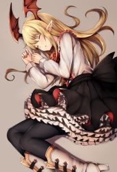 10s 1girl bat_wings black_pantyhose black_skirt blonde_hair boots closed_eyes female_focus flower frilled_skirt frills grey_background head_wings high_heel_boots high_heels highres long_hair long_sleeves lying on_side pantyhose pointy_ears red_flower red_rose rose shingeki_no_bahamut shirt simple_background skirt sleeping snm_(sunimi) solo vampire vampy white_boots white_shirt wings