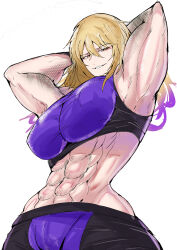1girl abs absurdres armpits arms_behind_head blonde_hair breasts highres isshou_senkin large_breasts long_hair looking_at_viewer muscular muscular_female obliques sena_riko_(isshou_senkin) simple_background smile solo sports_bra t1000g_metamon white_background yellow_eyes