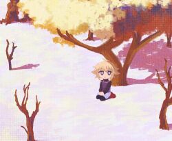1girl ahoge autumn black_pantyhose black_sweater blonde_hair blue_skirt brown_shoes commentary deformed english_commentary hair_flaps highres looking_at_viewer no_nose outdoors own_hands_together pantyhose parted_lips purple_eyes purple_sweater_vest renami seiza shoes sidelocks sitting skirt solo sweater sweater_vest tree turtleneck turtleneck_sweater urotsuki v_arms yume_2kki