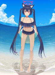 Rule 34 | 1girl, animal ear fluff, animal ears, ball, bare shoulders, beach, beachball, bikini, black hair, blue archive, blue ribbon, breasts, cat ears, cat girl, cloud, collarbone, commentary, frilled bikini, frills, full body, hair between eyes, hair ribbon, halo, highres, holding, holding ball, holding beachball, holding behind back, long hair, looking at viewer, navel, ocean, piisu, pink halo, red eyes, ribbon, serika (blue archive), serika (swimsuit) (blue archive), small breasts, solo, stomach, swimsuit, twintails