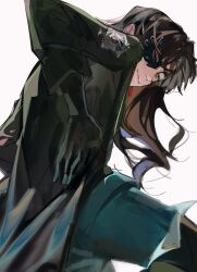Rule 34 | 1girl, black boots, black coat, black gloves, black hair, black ibis (reverse:1999), blue pants, boots, closed mouth, coat, cowboy shot, from side, gloves, half mask, highres, long hair, looking at viewer, mask, mask over one eye, pants, rain (neporain), reverse:1999, smile, solo, thigh boots, white background, yellow eyes
