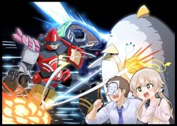 1boy 1girl beam blue_archive cardigan explosion formal_clothes gatling_gun halo hifumi_(blue_archive) kaiju kaiten_fx_mk.0_(blue_archive) light_brown_hair low_twintails mecha missile necktie peroro_(blue_archive) perorozilla_(blue_archive) robot sailor_collar school_uniform sensei_(blue_archive) sparkling_eyes suit twintails
