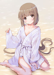 1girl bare_legs barefoot beach blunt_bangs brown_eyes brown_hair closed_mouth collarbone commentary_request day flat_chest highres idolmaster idolmaster_cinderella_girls japanese_clothes kaishinshi kimono long_hair long_sleeves looking_at_viewer outdoors partially_submerged sitting smile solo wariza water wet yorita_yoshino