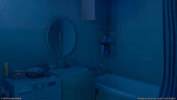 3d bath bathroom bathtub cabinet cup dark day door_handle evening hair_brush highres interior mirror night no_humans original scenery shampoo shampoo_bottle sink soap spray_can surafin tile_wall tiles
