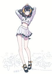 1girl :&lt; absurdres arms_behind_head black_hoodie blue_eyes blush cropped_hoodie fish_hair_ornament folded_ponytail hair_between_eyes hair_ornament highres hood hoodie mary_janes midriff miritenoru multicolored_hair nijisanji nijisanji_en penguin_tail pentomo_(petra_gurin) petra_gurin petra_gurin_(1st_costume) pleated_skirt shoes short_hair sidelocks simple_background skirt streaked_hair tail virtual_youtuber white_hoodie