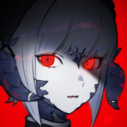 1girl au_ra bob_cut fang final_fantasy final_fantasy_xiv forward-facing_horns glowing glowing_eyes hairband highres horn_ornament horn_ring horns inverted_bob looking_at_viewer millimetre_0 parted_lips portrait red_background red_eyes scales sidelocks simple_background skin_fang solo warrior_of_light_(ff14)