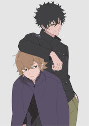 2boys arm_on_own_head arm_rest black_hair black_jacket breast_pocket brown_hair cloak closed_mouth ema_yuzuru flipped_hair frown green_eyes green_pants grey_background half-closed_eyes height_difference highres jacket kageura_masato long_sleeves looking_at_another looking_away male_focus multiple_boys pants parted_lips pocket purple_cloak short_hair sideways_glance simple_background spiked_hair standing turtleneck uniform world_trigger yawai_tofu yellow_eyes
