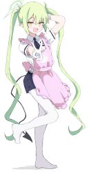 absurdres alternate_costume apron blue_archive blue_shorts blush commentary_request demon_girl demon_tail fang frilled_apron frills full_body gloves green_hair green_halo halo heart highres long_hair looking_at_viewer no_shoes nozomi_(blue_archive) open_mouth pantyhose pantyhose_under_shorts pink_apron pointy_ears shirt short_sleeves shorts skin_fang smile standing standing_on_one_leg sweat tail transparent_background twintails v very_long_hair white_gloves white_pantyhose white_shirt yellow_eyes yucblossom