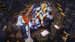 Rule 34 | 1boy, absurdres, armor, artist name, black bodysuit, blood, bodysuit, box, broken glass, caution tape, cellphone, commentary, glass, gloves, hand on helmet, helmet, highres, holding, holding weapon, kamen rider, kamen rider gavv (series), kamen rider vram, kamen rider vram (pudding custom), knee pads, looking at viewer, male focus, mona disc, multicolored armor, multicolored bodysuit, multicolored helmet, on suitcase, orange armor, orange helmet, phone, reclining, rider belt, shin guards, solo, suitcase, tablet pc, tokusatsu, vrambreaker, vrastumgear, weapon, white bodysuit, white gloves, yellow armor, yellow helmet