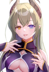 Rule 34 | 1girl, alternate costume, black nails, black shirt, blue eyes, breasts, brown horns, chama (tyama amayt), cleavage cutout, clothing cutout, commentary request, curled horns, demon girl, demon horns, fingernails, green hair, heterochromia, highres, horns, large breasts, looking at viewer, nanashi inc., open mouth, pointy ears, sekishiro mico, shirt, simple background, smile, solo, tongue, tongue out, underboob, upper body, virtual youtuber, white background, yellow eyes