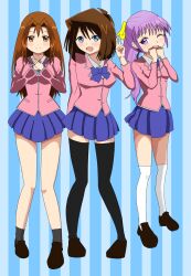 3girls brown_hair kawai_shizuka long_hair mazaki_anzu multiple_girls nosaka_miho purple_hair school_uniform shizuka short_hair yu-gi-oh!