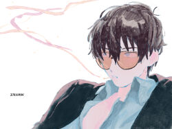 Rule 34 | 1boy, banne pun, black hair, black jacket, cigarette, collared shirt, copyright name, green shirt, highres, jacket, limited palette, male focus, nicholas d. wolfwood, open clothes, open shirt, orange-tinted eyewear, round eyewear, shirt, simple background, sketch, smoke, smoking, tinted eyewear, trigun, trigun stampede, upper body, white background