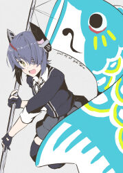 1girl aged_down artist_name black_cardigan black_gloves black_thighhighs cardigan checkered_necktie collared_shirt commentary dated dress_shirt gloves grey_background grey_skirt headgear highres kantai_collection kodomo_no_hi koinobori necktie newspaper paper_hat partially_fingerless_gloves pleated_skirt purple_hair school_uniform shirt short_hair simple_background skirt solo standing taira_yuuki tenryuu_(kancolle) thighhighs white_shirt windsock yellow_eyes
