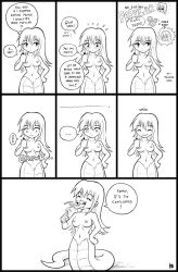 1girl blush closed_eyes crisis felarya giant giantess karbo lamia long_hair monochrome monster_girl nipples nude pussy smile solo vore