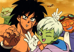 1girl 4boys ba_(dragon_ball) black_eyes black_hair broly_(dragon_ball_super) cheelai colored_skin dragon_ball dragon_ball_super dragon_ball_super_broly green_skin lemo_(dragon_ball) looking_at_viewer multiple_boys one_eye_closed open_mouth orange_skin purple_eyes selfie smile son_goku toriyama_akira wink