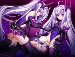 Rule 34 | 1boy, 2girls, ahoge, amakubo kaede, amakubo yuri, ass, bare shoulders, black gloves, breasts, censored, clothed sex, clothing aside, covered navel, cowgirl position, cum, cum in pussy, cum on ass, cum on body, cum on clothes, cum overflow, cunnilingus, dark persona, elbow gloves, ffm threesome, game cg, girl on top, gloves, grin, group sex, hair intakes, hair ornament, hetero, highleg, highleg leotard, holding hands, inoino, interlocked fingers, kouyoku senki exs-tia, large variant set, layered skirt, leotard, leotard aside, long hair, mosaic censoring, multiple girls, non-web source, official art, oral, penis, purple background, purple leotard, purple lips, pussy, pussy juice, red eyes, rextia lili, rextia mei, sex, shihou souma, shimaidon (sex), showgirl skirt, siblings, sisters, sitting, sitting on face, sitting on person, skirt, smile, straddling, thighhighs, thong leotard, threesome, twintails, vaginal, variant set, very long hair, white hair