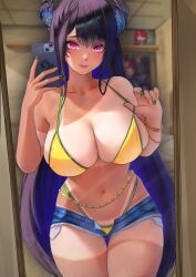 1girl asymmetrical_horns bikini black_hair blue_hair bracelet brazilian_miku brazilian_miku_(cosplay) breasts cleavage closed_mouth colored_inner_hair commentary cosplay denim denim_shorts elizabeth_rose_bloodflame english_commentary green_nails hands_up hatsune_miku highleg highleg_bikini holding holding_phone hololive hololive_english horns jewelry large_breasts lazik_1337 long_hair looking_at_viewer mirror_selfie mole mole_under_eye multicolored_hair nail_polish navel nerissa_ravencroft open_fly phone purple_eyes selfie shorts sidelocks slit_pupils smile solo swimsuit tan tanline uneven_horns very_long_hair virtual_youtuber vocaloid yellow_bikini yellow_nails
