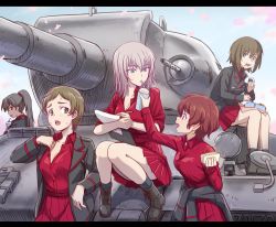 Rule 34 | 10s, 5girls, akaboshi koume, ankle boots, bento, black footwear, black hair, black jacket, black legwear, blue eyes, boots, brown eyes, brown hair, clipboard, clothes around waist, collar tug, commentary request, cup, disposable cup, dress shirt, drinking, drinking straw, extra, food, girls und panzer, holding, hot, indien panzer, itsumi erika, jacket, jacket around waist, kuromorimine military uniform, leaning back, letterboxed, long hair, long sleeves, looking at another, military, military uniform, military vehicle, miniskirt, motor vehicle, multiple girls, onigiri, open clothes, open jacket, pencil, pleated skirt, ponytail, red shirt, red skirt, ritaiko (girls und panzer), scrunchie, shinmai (kyata), shirt, short hair, silver hair, skirt, socks, standing, sweat, tank, very short hair, world of tanks