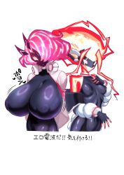 2girls absurdres black_bodysuit bodysuit breasts cleavage_cutout clothing_cutout covered_erect_nipples duel_monster electricity energy enmo_takeshita fingerless_gloves gloves hair_over_one_eye highres jacket large_breasts lightning_hair long_hair long_sleeves multiple_girls open_clothes open_jacket orange_hair pink_eyes pink_hair short_hair spright_carrot spright_elf white_jacket yellow_eyes yu-gi-oh!