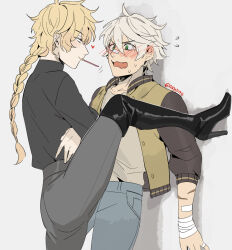 2boys aether_(genshin_impact) against_wall ahjojing alternate_costume bandaged_wrist bandages bandaid bandaid_on_arm bandaid_on_face bandaid_on_nose bennett_(genshin_impact) black_boots black_shirt blonde_hair blush boots braid casual closed_mouth commentary_request crossed_arms ear_blush embarrassed face-to-face fang flying_sweatdrops food food_in_mouth foot_against_wall foot_kabedon genshin_impact green_eyes grey_hair grey_pants hair_between_eyes heart high_heel_boots high_heels highres jacket kabedon latex latex_boots leaning_back leg_up long_hair long_sleeves looking_at_another male_focus mouth_hold multiple_boys multiple_scars nose_blush open_clothes open_jacket open_mouth pants pocky pocky_in_mouth scar scar_on_arm shirt shirt_tucked_in short_hair single_braid split standing standing_on_one_leg standing_split sweat turtleneck turtleneck_shirt unbuttoned very_long_hair wavy_mouth yaoi