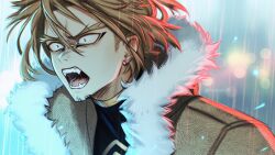 1boy blonde_hair boku_no_hero_academia facial_hair fangs goatee_stubble hashtag-only_commentary hawks_(boku_no_hero_academia) high_collar highres male_focus open_mouth rain saika076 saliva short_hair shouting sideburns solo stubble teeth tongue twitter_username upper_body yellow_eyes