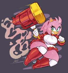 1girl absurdres aged_up amy_rose boots breasts commentary english_commentary eyelashes gloves green_eyes grey_background headband hedgehog_girl high_heel_boots high_heels highres holding jacket jamoart large_breasts looking_at_viewer open_mouth pink_fur red_headband red_jacket smile solo sonic_(series) teeth thick_thighs thighs white_gloves