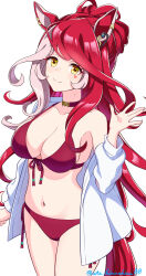 1girl absurdres alternate_costume bikini blush breasts cleavage collarbone hashtag-only_commentary highres hinoaki horse_girl jacket long_hair looking_at_viewer loves_only_you_(umamusume) mole mole_on_neck navel red_hair smile solo swimsuit twitter_username umamusume waving white_background yellow_eyes