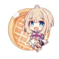 black_shorts blue_eyes boots bow bright_pupils brown_hair dame_x_prince food full_body looking_at_viewer nanahi_tsubaki no_nose open_mouth ruze_selen_el_phiriazar short_hair shorts simple_background socks solo striped_bow waffle white_background white_boots white_pupils white_socks