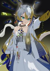 1girl absurdres arknights bare_shoulders bead_necklace beads blonde_hair breasts brooch collarbone dragon_girl dragon_horns dragon_tail earrings eastern_dragon_horns eastern_dragon_tail giru_rei green_eyes hair_between_eyes highres holding holding_sword holding_weapon horns jewelry long_hair long_sleeves necklace pointy_ears shirt shu_(arknights) small_breasts solo strapless strapless_shirt sword tail tassel tassel_earrings tube_top weapon white_tube_top
