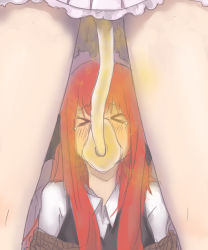 Rule 34 | &gt; &lt;, 13o, 2girls, closed eyes, fart, forced, forced to smell, highres, koakuma, legs, long hair, multiple girls, patchouli knowledge, pipelining, red hair, skirt, smell, tagme, touhou