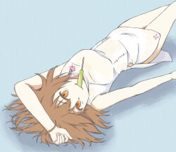 1girl ao_dai arm_over_head bare_arms bare_shoulders breasts brown_hair commentary dot_nose dress feet_out_of_frame floral_print food food_in_mouth fruit_popsicle hair_between_eyes looking_at_viewer lying medium_breasts medium_hair messy_hair misaka_worst mouth_hold no_pants on_back orange_eyes popsicle popsicle_in_mouth shadow short_dress sleeveless sleeveless_dress smile solo toaru_majutsu_no_index toaru_majutsu_no_index:_new_testament white_dress yakutashi