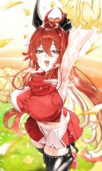 1girl :d alternate_costume antenna_hair arm_up armpits black_horns black_thighhighs blurry blurry_background blush breasts cheerleader commentary confetti crop_top day depth_of_field foot_out_of_frame goddess_of_victory:_nikke grass hair_between_eyes half-closed_eyes hand_up heavy_breathing high_ponytail highres holding holding_pom_poms horns large_breasts leg_up long_hair looking_at_viewer mechanical_horns midriff miniskirt minus_zero69 navel open_mouth outdoors outstretched_arm pleated_skirt pom_pom_(cheerleading) pom_poms ponytail red_hair red_hood_(nikke) red_scarf red_shirt red_shoes red_skirt running_track scarf shirt shoes skirt sleeveless sleeveless_shirt smile solo sparkle standing standing_on_one_leg stomach sweat teeth thighhighs two-tone_shirt two-tone_skirt upper_teeth_only very_long_hair white_background white_shirt white_skirt yellow_eyes