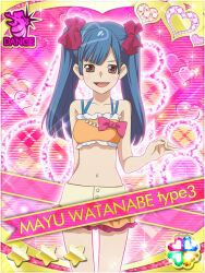 1girl :d akb0048 arm_behind_back bikini blue_hair bow brown_eyes card_(medium) character_name collarbone cowboy_shot frilled_bikini frills hair_bow heart long_hair looking_at_viewer navel non-web_source official_art open_mouth orange_bikini pink_background red_bow smile solo standing star_(symbol) straight-on swimsuit twintails watanabe_mayu_(akb0048)