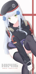 Rule 34 | 1girl, absurdres, beret, black hat, blush, breasts, cross, expressionless, facepaint, from above, german flag, girls&#039; frontline, gloves, green eyes, hair ornament, hairclip, hat, highres, hk416 (girls&#039; frontline), iron cross, jacket, knee up, large breasts, light frown, long hair, looking at viewer, looking up, microskirt, plaid clothes, plaid skirt, pleated skirt, sitting, skirt, solo, teardrop, thighhighs, uchikata takeaki, very long hair, white hair
