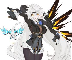 1girl ahoge black_pantyhose black_shirt blue_flower blue_rose cloud_ya commentary cosplay cowboy_shot english_commentary flower flower_on_chest hair_ornament hairclip highres honkai_(series) honkai_impact_3rd kiana_kaslana kiana_kaslana_(herrscher_of_the_void) long_hair long_sleeves pantyhose rose shirt solo very_long_hair white_hair yellow_eyes yixuan_(trails_of_ink)_(zenless_zone_zero) yixuan_(zenless_zone_zero) yixuan_(zenless_zone_zero)_(cosplay) zenless_zone_zero