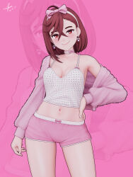 1girl 3d absurdres asymmetrical_bangs ayase_momo blender_(medium) blush bow bow_choker bow_shorts breasts brown_eyes brown_hair camisole choker closed_mouth collarbone commentary crossed_bangs dandadan dated earrings english_commentary hair_between_eyes hair_bow hand_on_own_hip heart heart_earrings highres jewelry kleymir long_sleeves looking_at_viewer medium_breasts medium_hair navel open_pajamas pajamas pink_background pink_bow pink_pajamas pink_shorts print_camisole short_shorts shorts signature single_off_shoulder smile solo spaghetti_strap thighs white_camisole zoom_layer