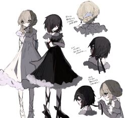 Rule 34 | a umanee, alternate costume, alternate hairstyle, black hair, eyepatch, highres, kure kirika, looking at another, looking at viewer, magical girl, mahou shoujo madoka magica, mahou shoujo oriko magica, medium hair, mikuni oriko, multiple views, sleeveless, tying hair