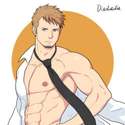 1boy abs arm_out_of_sleeve bara black_necktie blue_eyes diele facial_hair goatee_stubble hotel_dusk kyle_hyde large_pectorals loose_necktie male_focus muscular muscular_male necktie nipples pectorals shirt short_hair simple_background solo stubble upper_body variant_set white_shirt