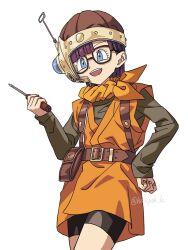 Rule 34 | 1girl, antennae, belt, bike shorts, black shorts, blue eyes, blunt bangs, chrono trigger, commentary, glasses, grey shirt, headset, helmet, holding, holding screwdriver, hosodayo, long sleeves, looking at viewer, lucca ashtear, neckerchief, open mouth, orange neckerchief, orange tunic, purple hair, screwdriver, shirt, short hair, shorts, simple background, smile, solo, tunic, white background