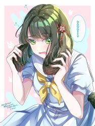 1girl ? animal_ears blue_dress colored_speech_bubble commentary_request confused dress floppy_ears flower flower_knot green_eyes green_hair hair_flower hair_ornament hasu_no_sora_school_uniform highres holding_own_ears kemonomimi_mode link!_like!_love_live! lop_rabbit_ears love_live! momose_ginko neckerchief open_mouth pink_background pink_flower pleated_dress rabbit_background rabbit_ears rabbit_girl rabbit_tail sailor_collar sailor_dress sakari_(pear_8_ll) school_uniform solo speech_bubble summer_uniform tail translation_request virtual_youtuber white_sailor_collar yellow_neckerchief