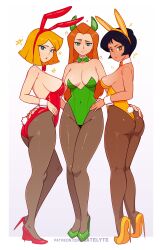 3girls absurdres alex_(totally_spies) ass breasts clover_(totally_spies) high_heels highres leotard looking_at_viewer multiple_girls pantyhose playboy_bunny rabbit_ears rabbit_tail sam_(totally_spies) satelyte star_(symbol) totally_spies